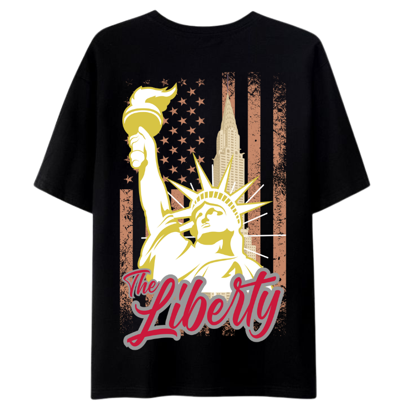 a black t-shirt with a liberty text & design