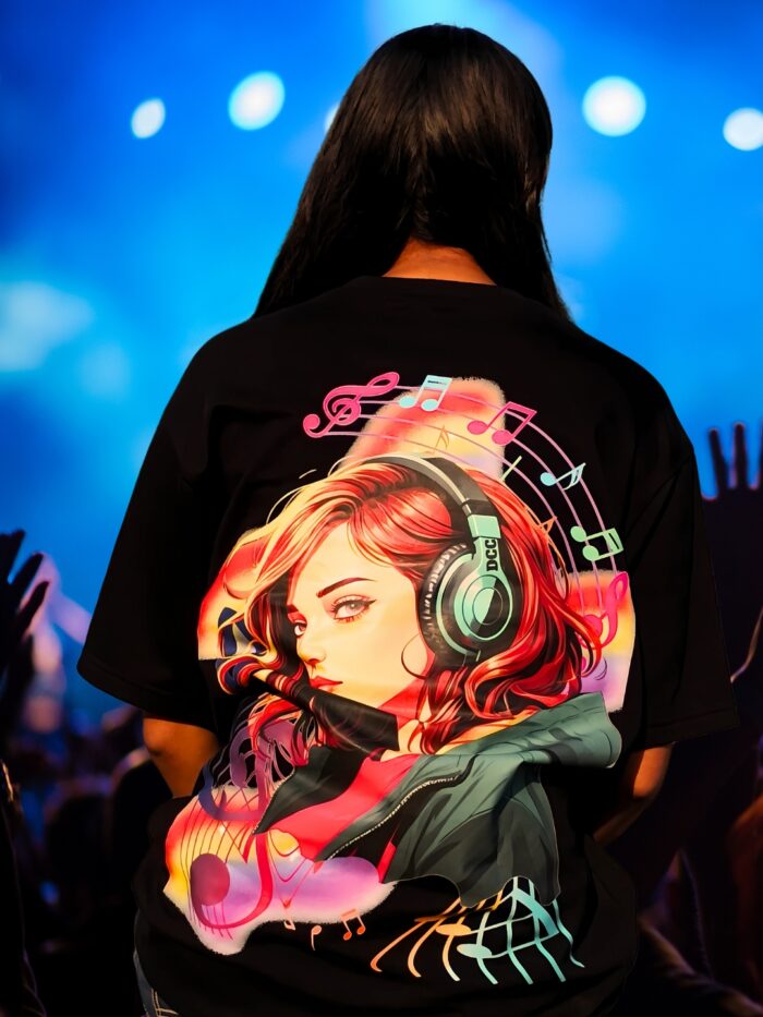 Women With Black T-Shirt Women With Headphone Graphic Print
