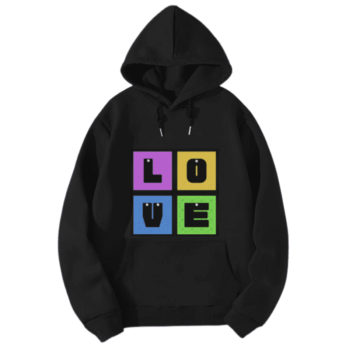 A Black Sweatshirt With A Colorful Square Design