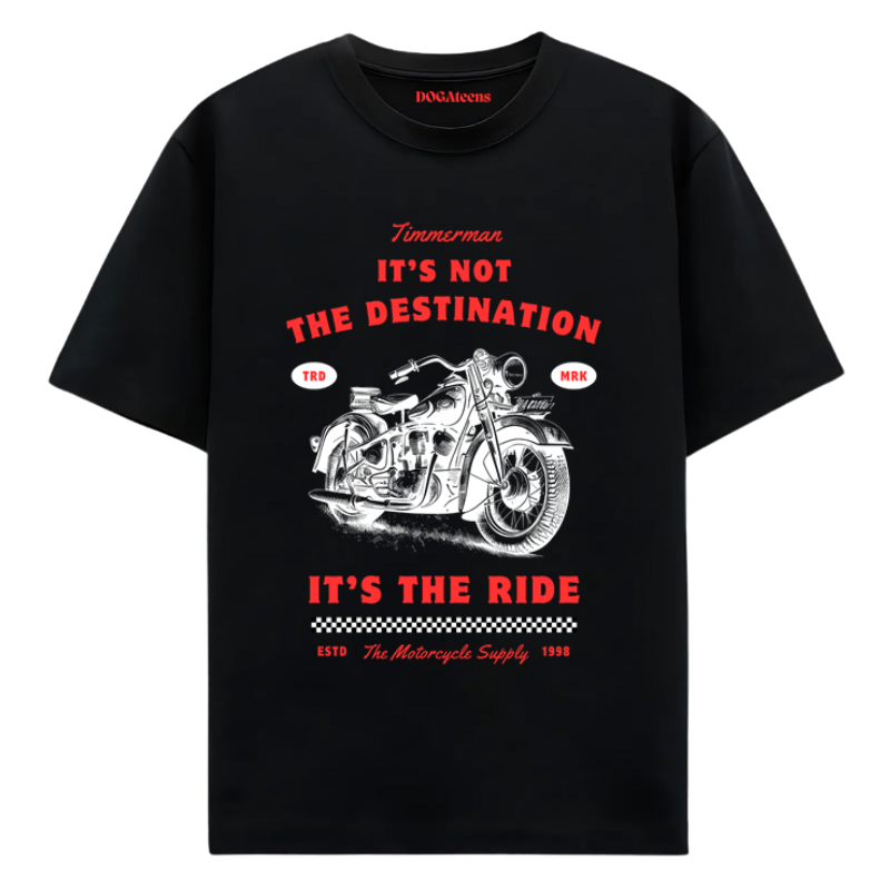 a black t-shirt with a colourful text & motorcycle design