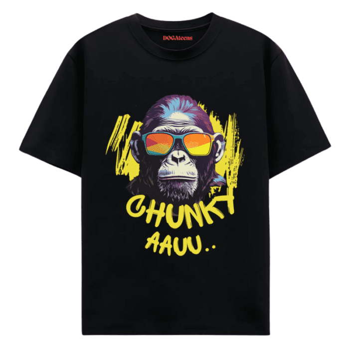 A Black T-Shirt With A Colourful Text &Amp; Monkey Design