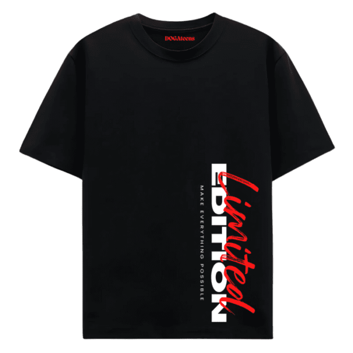 A Black T-Shirt With A Red &Amp; White Text