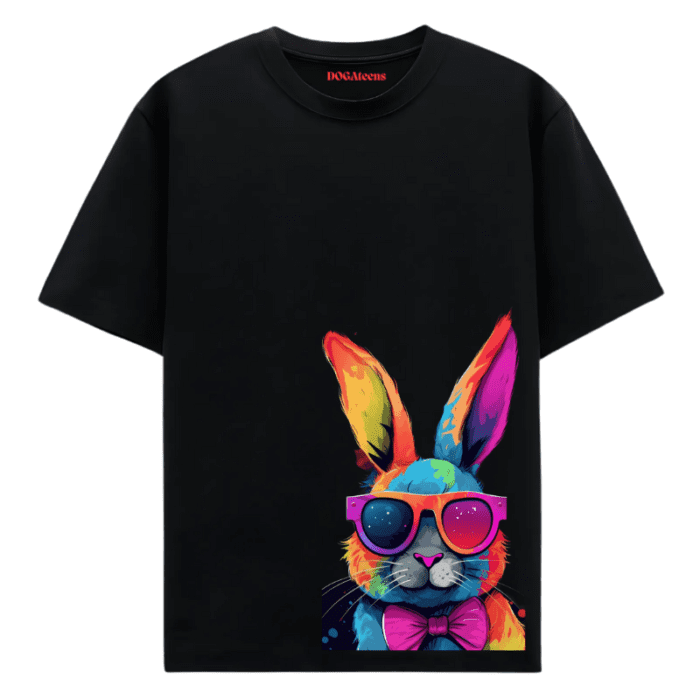 A Black T-Shirt With A Colourful Rabbit Design