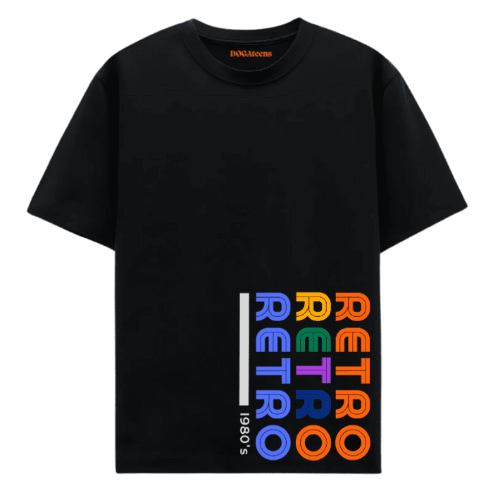 A Black T-Shirt With A Colourful Text Retro