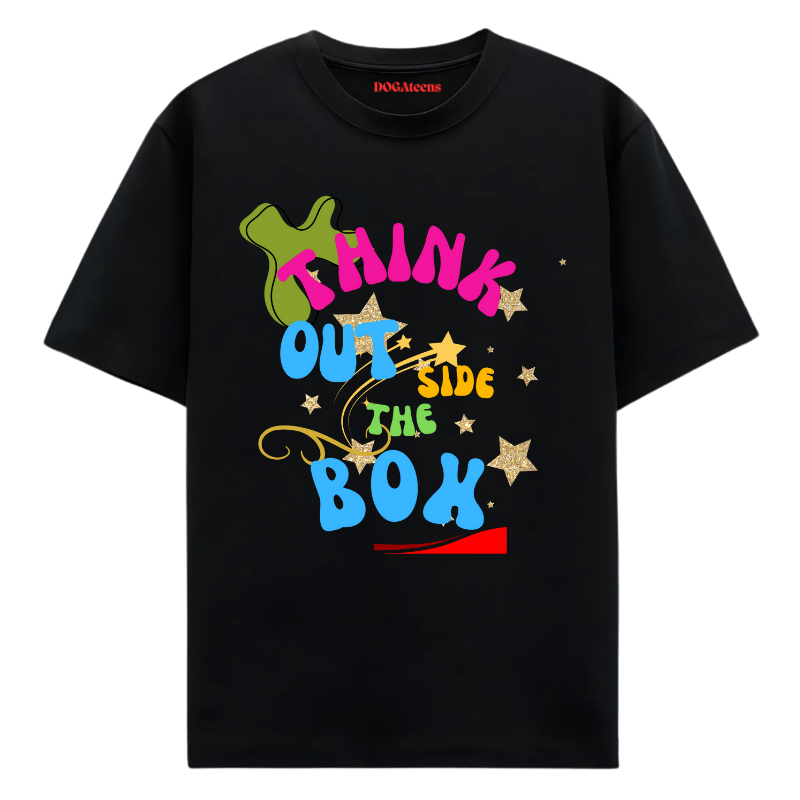 a black t-shirt with a colourful text