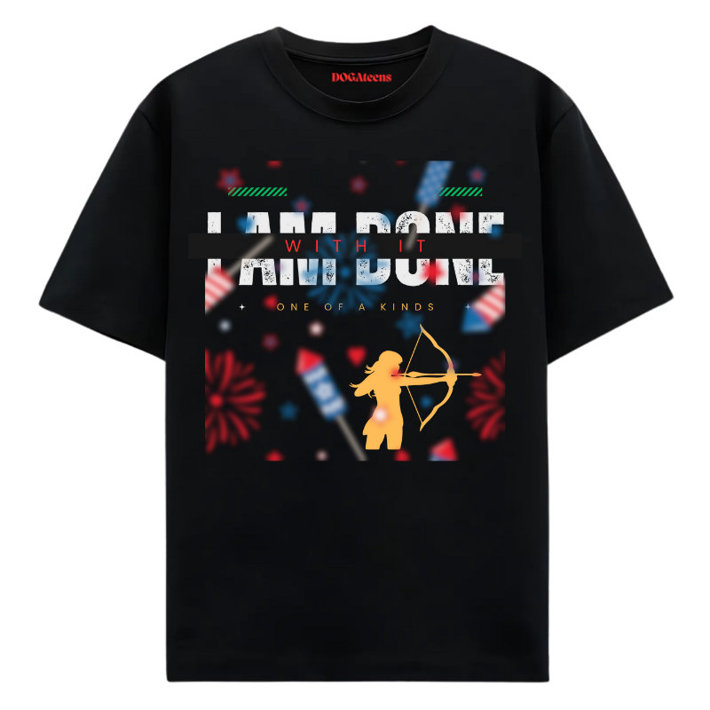 a black t-shirt with a colourful text & design