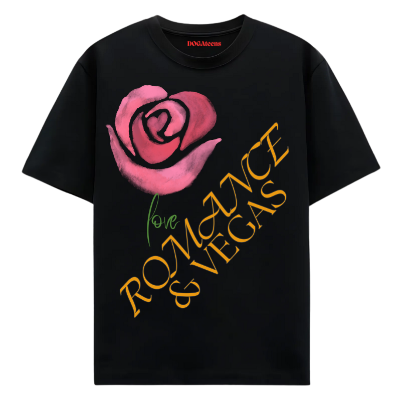 a black t-shirt with a colourful text romance & design