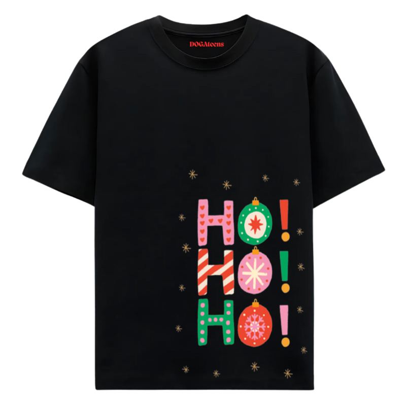 a black t-shirt with a colourful text