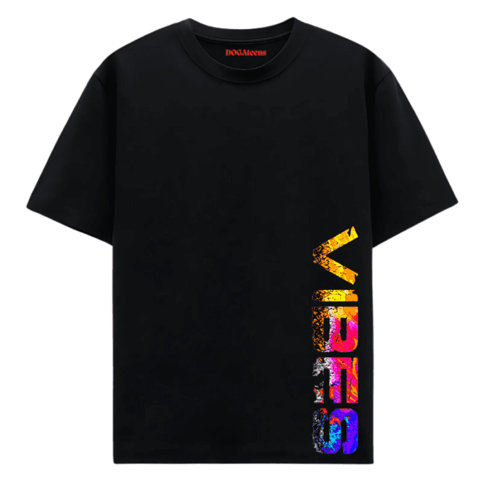 A Black T-Shirt With A Colourful Text