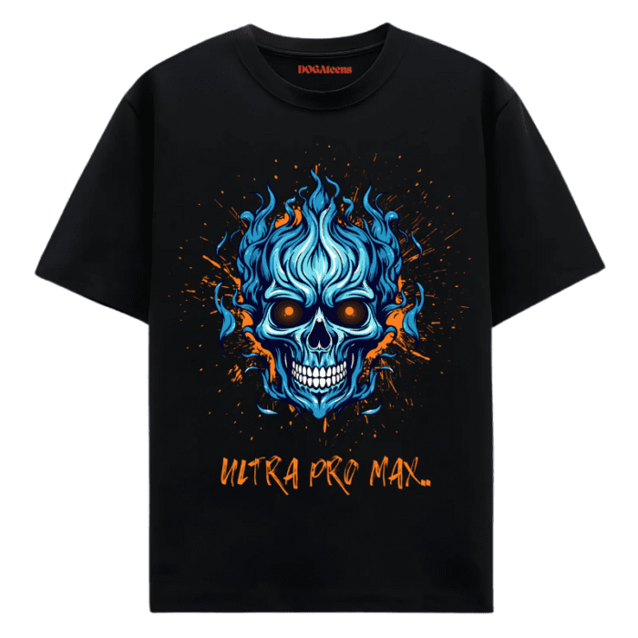 A Black T-Shirt With A Colourful Text &Amp; Skull Design