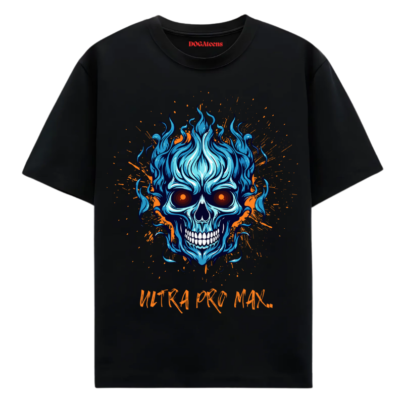 a black t-shirt with a colourful text & skull design