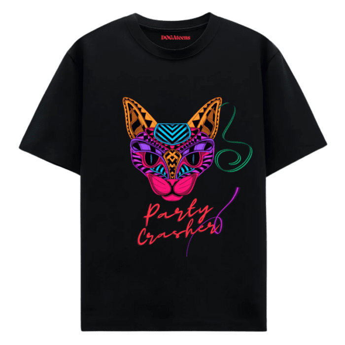 A Black T-Shirt With A Colourful Text &Amp; Cat Design