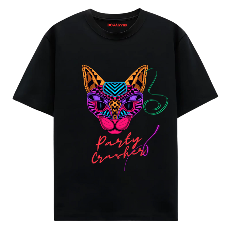 a black t-shirt with a colourful text & cat design