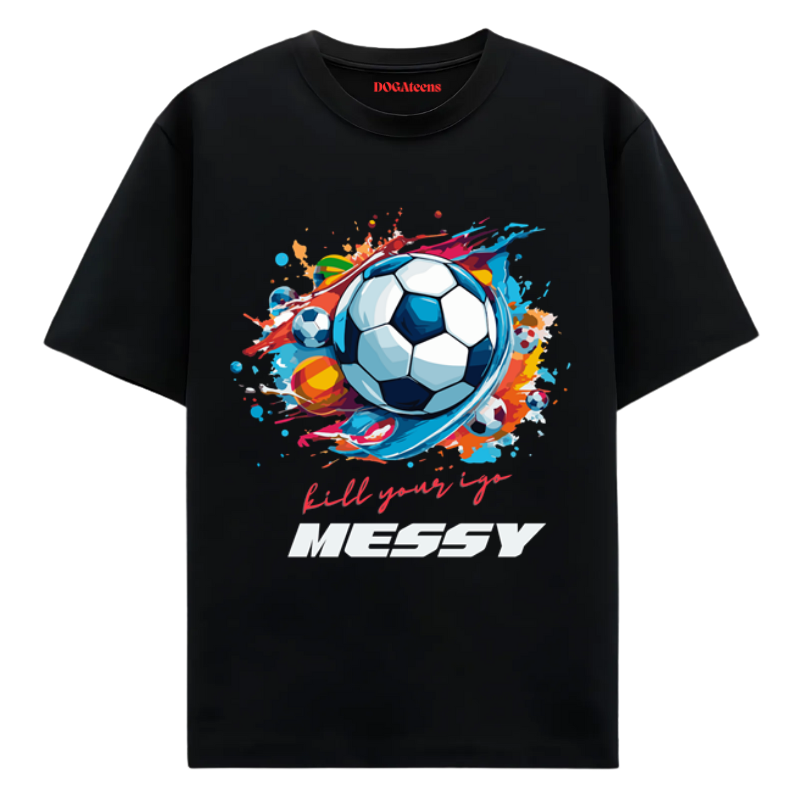 a black t-shirt with a colourful text & football design