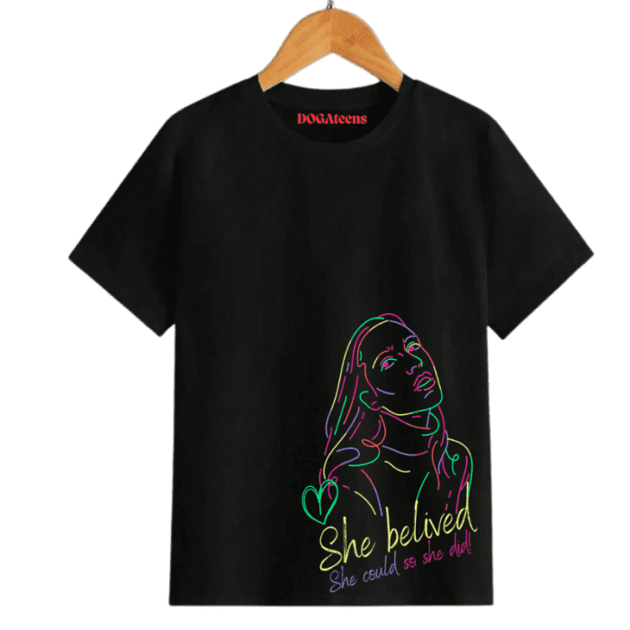 A Black T-Shirt With A Colourful Text &Amp; Design