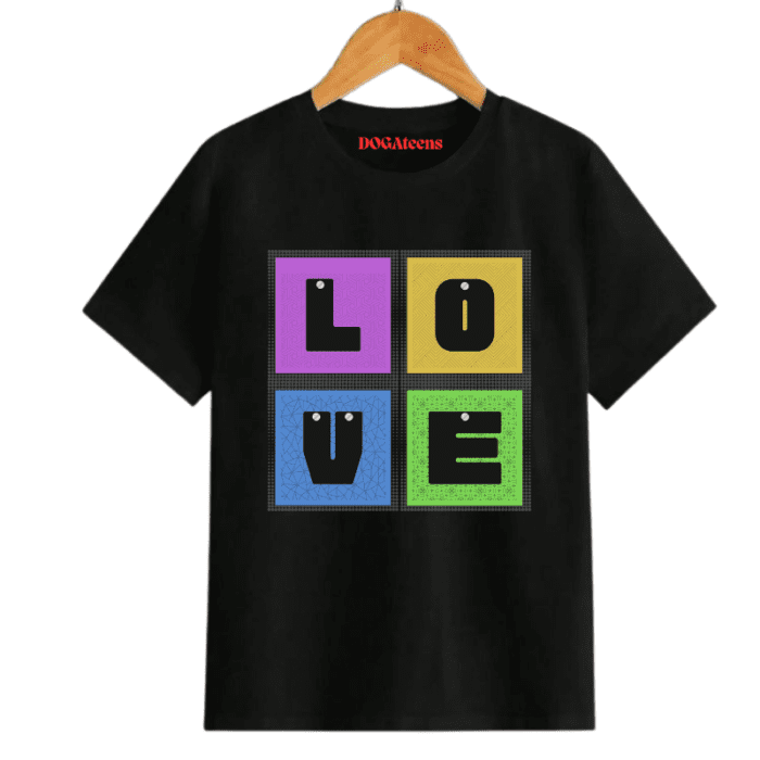 A Black T-Shirt With A Colourful Text &Amp; Love Design