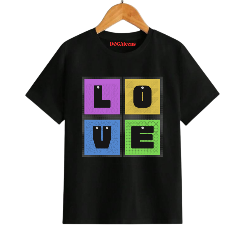 a black t-shirt with a colourful text & love design