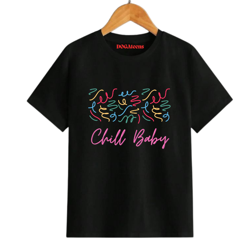 a black t-shirt with a colourful text & design chill baby