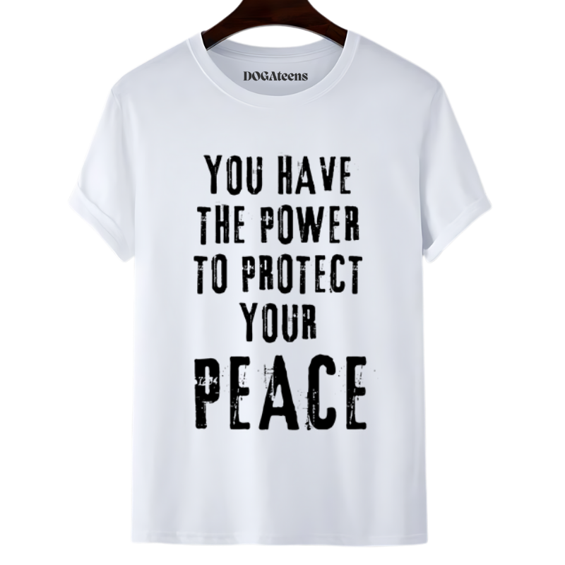 a white t-shirt with a colourful text & design