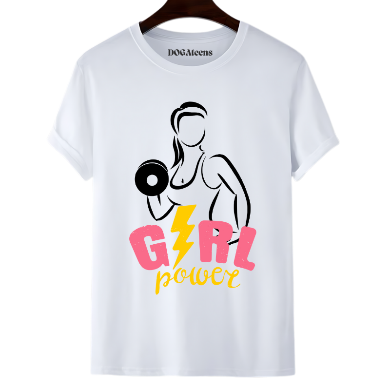 a white t-shirt with a colourful text & design