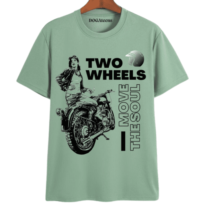 A Sage Green T-Shirt With A Colourful Text &Amp; Design