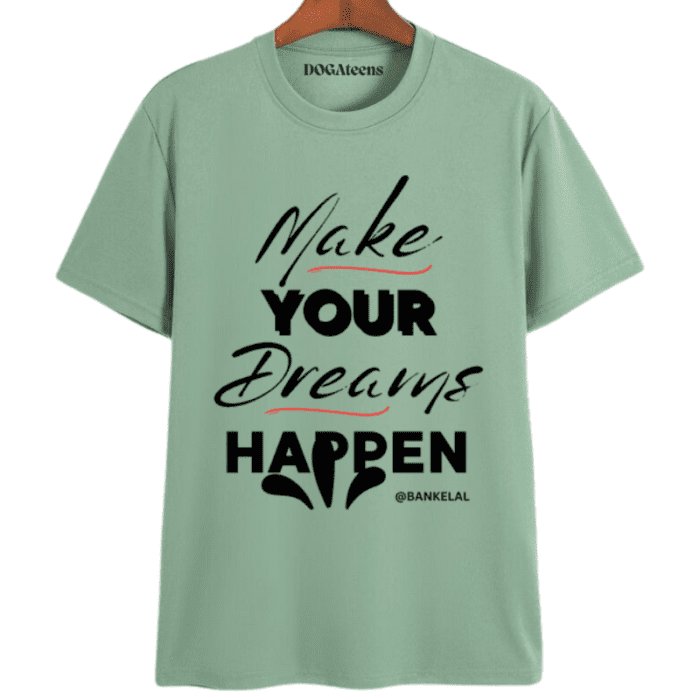 A Sage Green T-Shirt With A Colourful Text