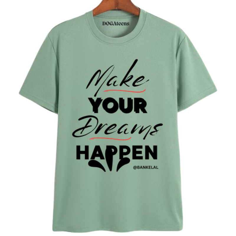 a sage green t-shirt with a colourful text