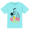 a blue t-shirt with a colourful text & design