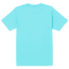a blue t-shirt with a colourful text & design