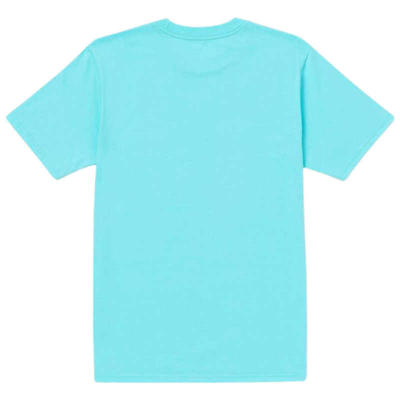 a blue t-shirt with a colourful text & design