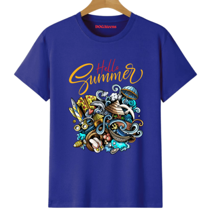 A Dark Blue T-Shirt With A Colourful Text &Amp; Design