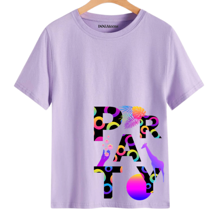 A Lavender T-Shirt With A Colourful Text &Amp; Design