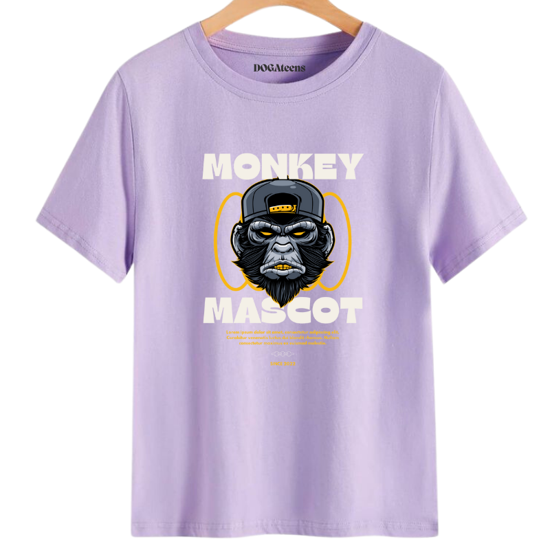 a lavender t-shirt with a text & monkey design