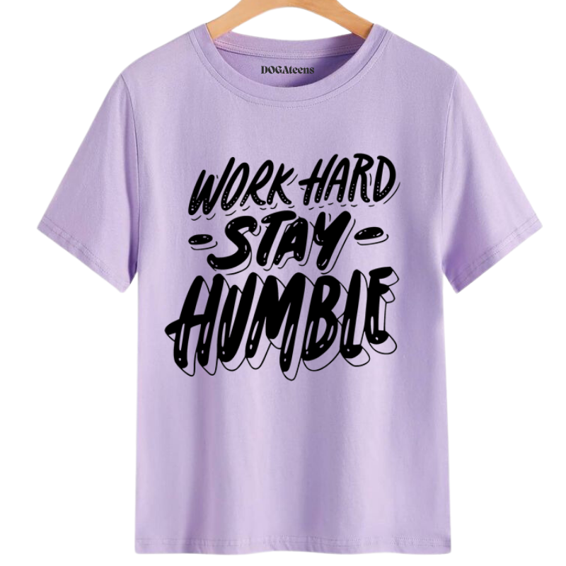 a lavender t-shirt with a text design