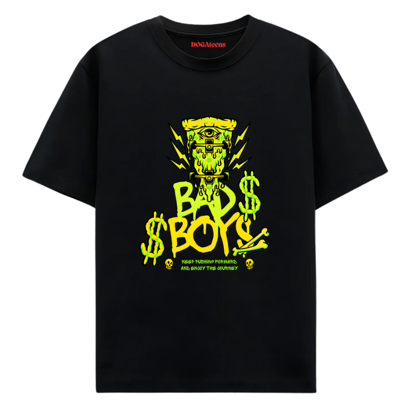 a black t-shirt with a colourful text & design