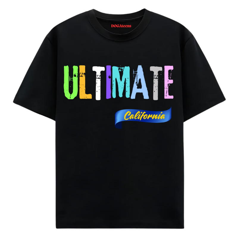 a black t-shirt with a colourful text