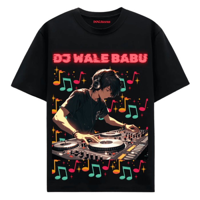 A Black T-Shirt With A Colourful Text &Amp; Dj Design