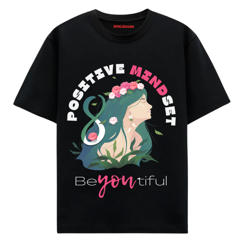 a black t-shirt with a colourful text & women design