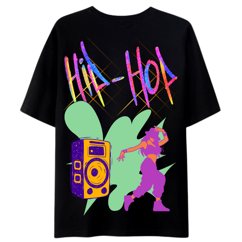 a black t-shirt with a hip hop text & design