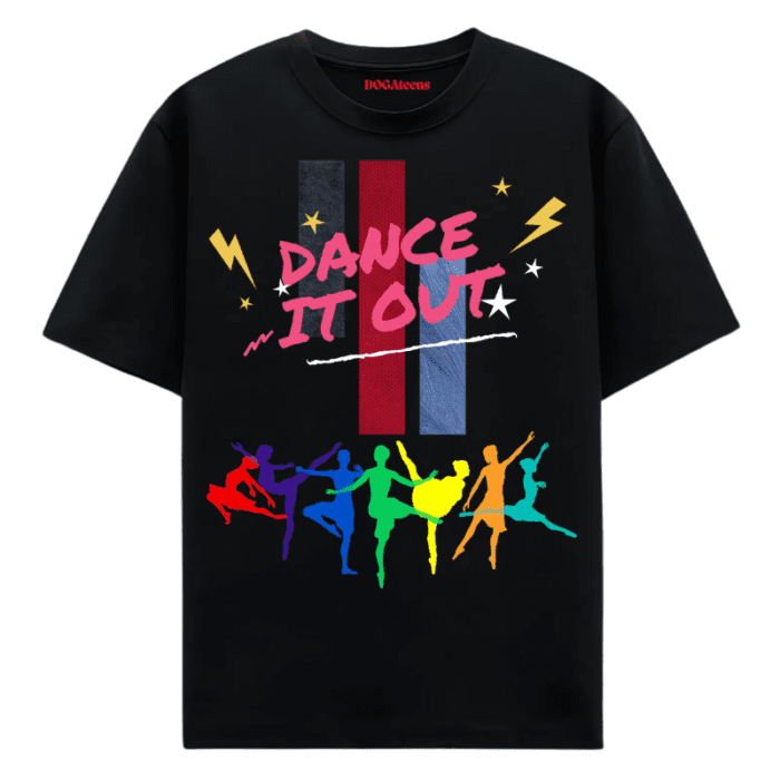 A Black T-Shirt With A Colourful Text &Amp; Dancing Girl Design