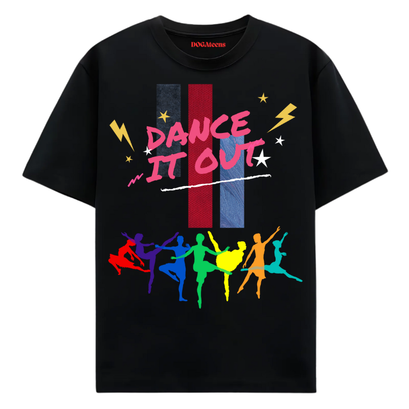 a black t-shirt with a colourful text & dancing girl design