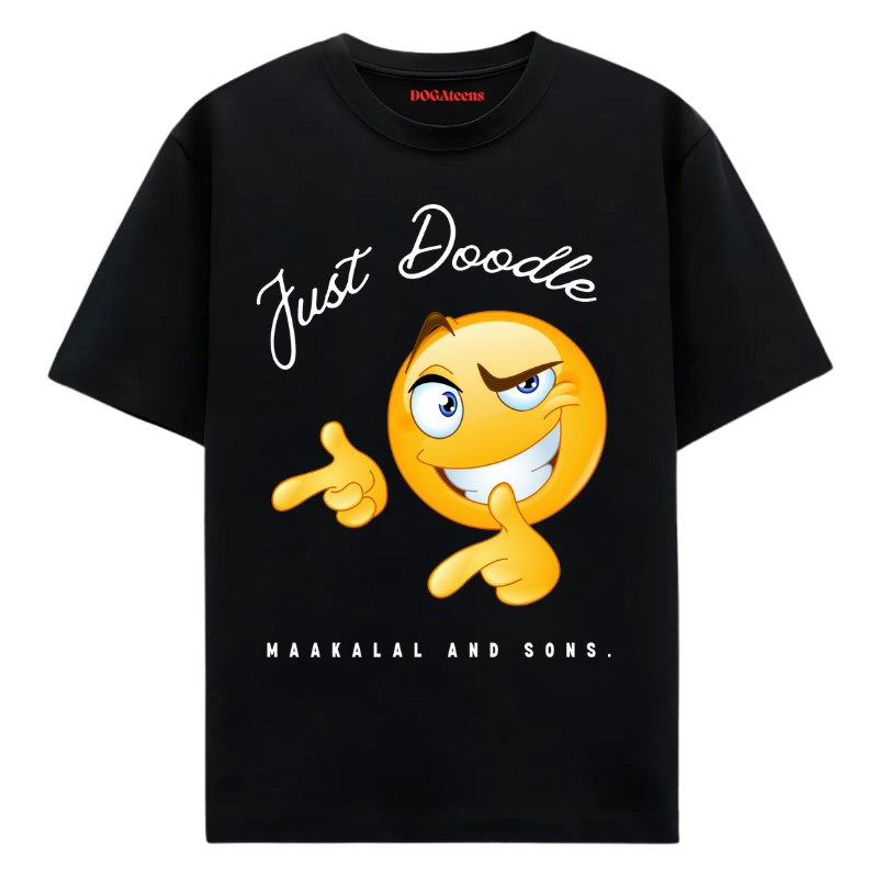 a black t-shirt with a colourful text & emoji design