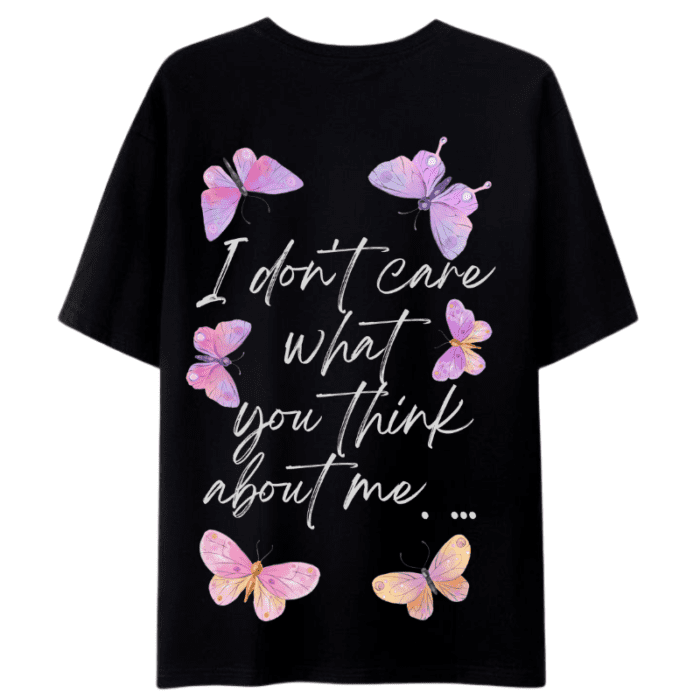 A Black T-Shirt With A Colourful Text &Amp; Butterfly Design